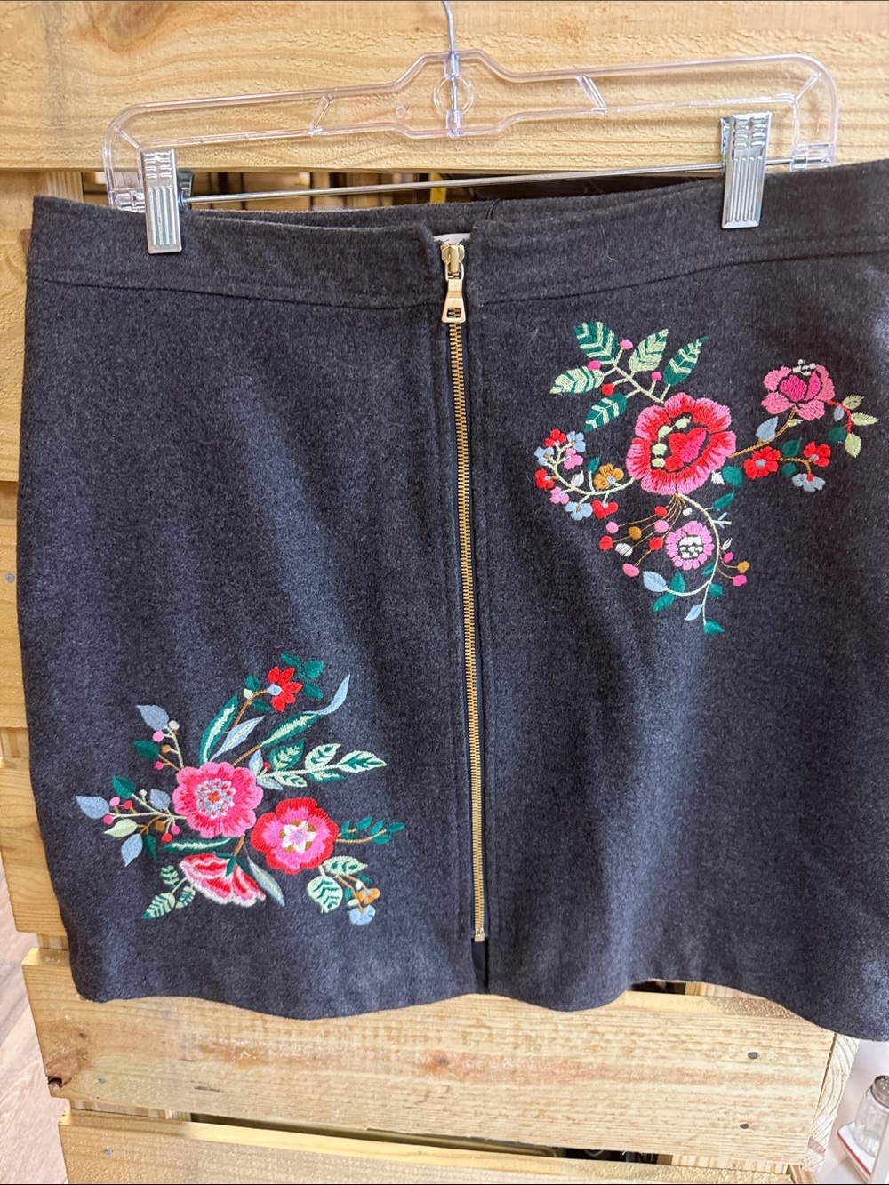 LOFT dark grey Mini Skirt with Colorful Floral Embroidery and Front Zip